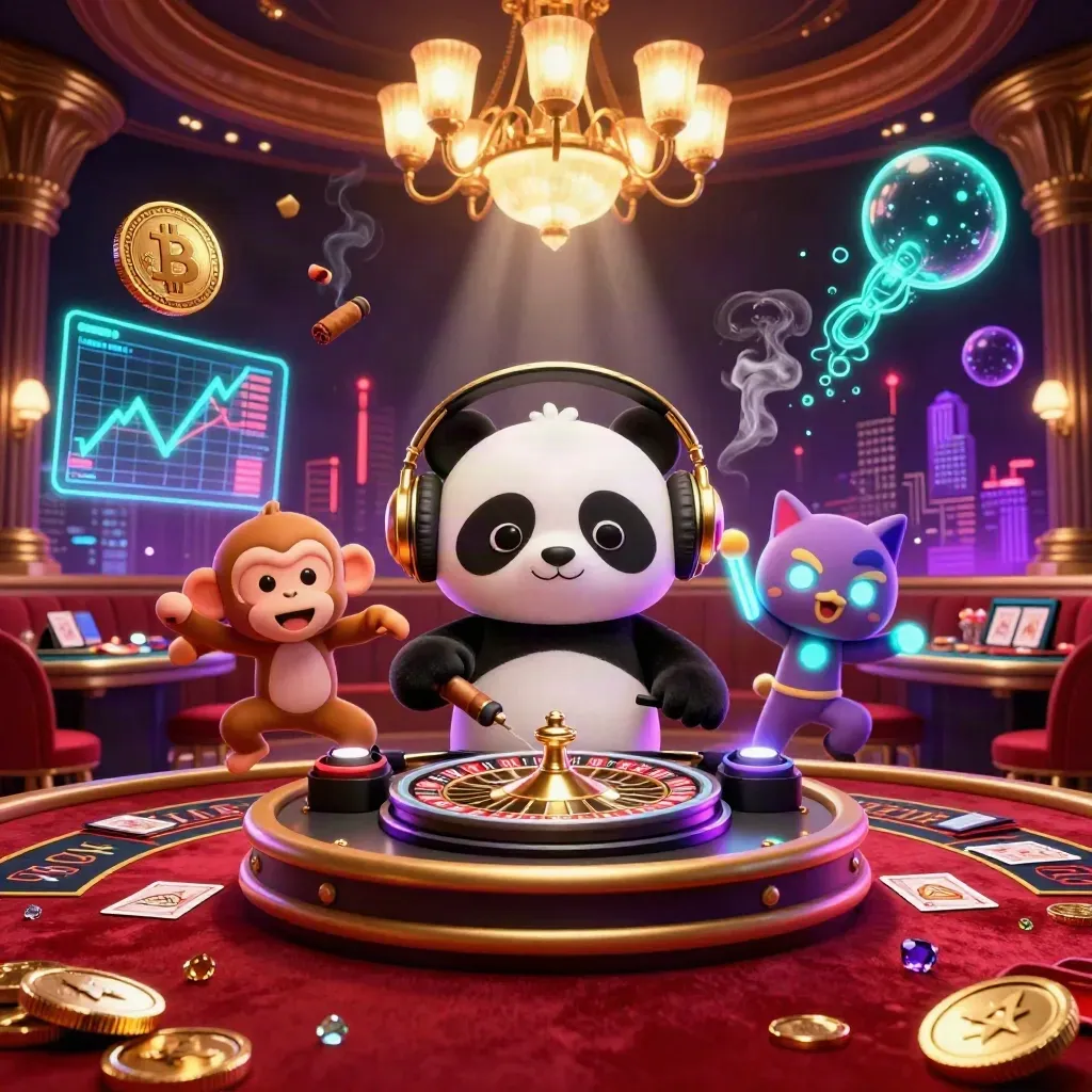 DJ panda, monkey, and glow-stick kitten in a neon casino with coins, smoke, and glowing effects.