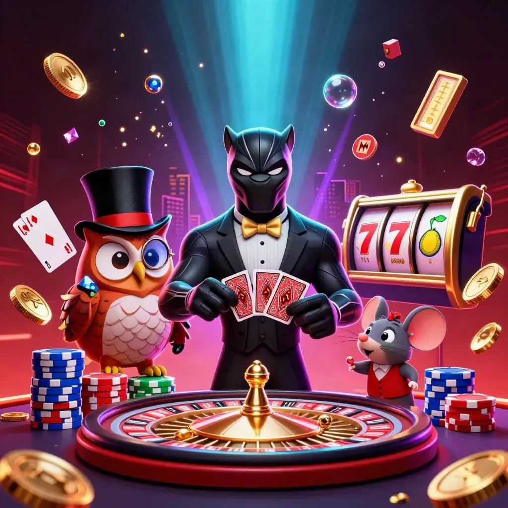 Panther, owl, and mouse in a neon casino burst with coins, cards, chips, and a roulette wheel.