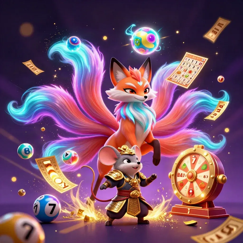 Nine-tailed fox spirit and armored samurai mouse amid casino loot, orbs, and violet magic.