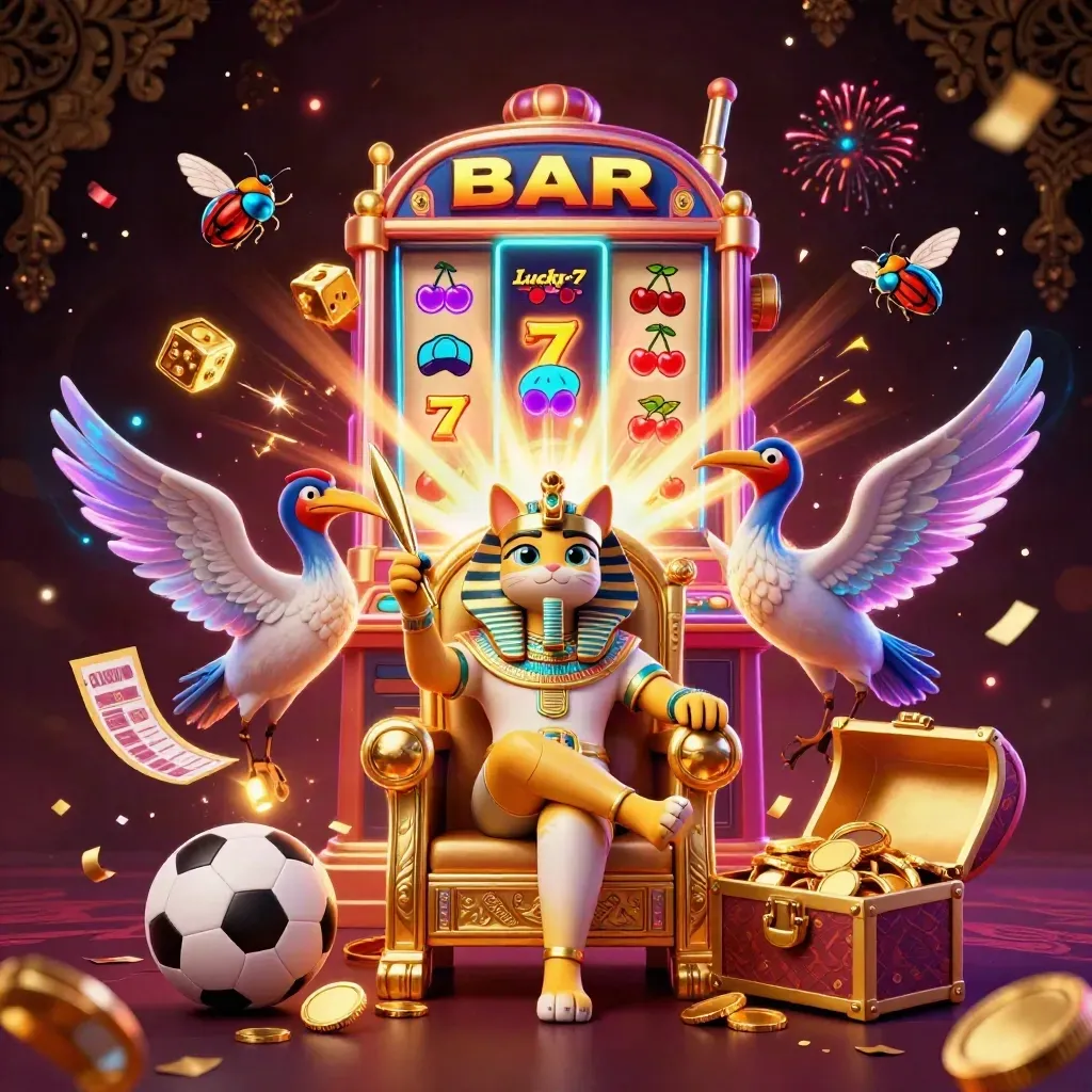 Pharaoh cat, ibis scribe, and scarab gems erupt with coins, slot symbols, fireworks, and sports bet icons.