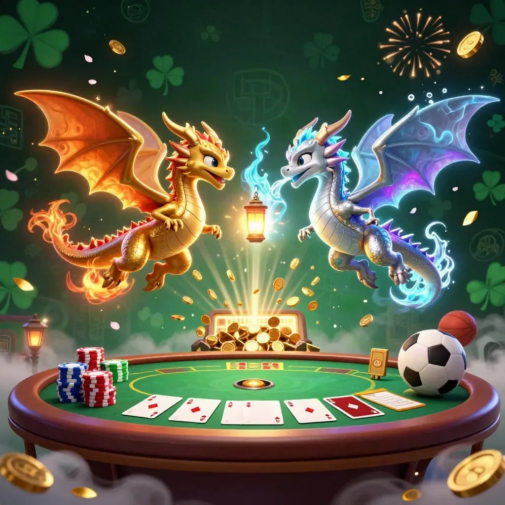 Gold and silver dragons spiral over casino loot, cards, chips, coins, fireworks, and glowing neon effects.
