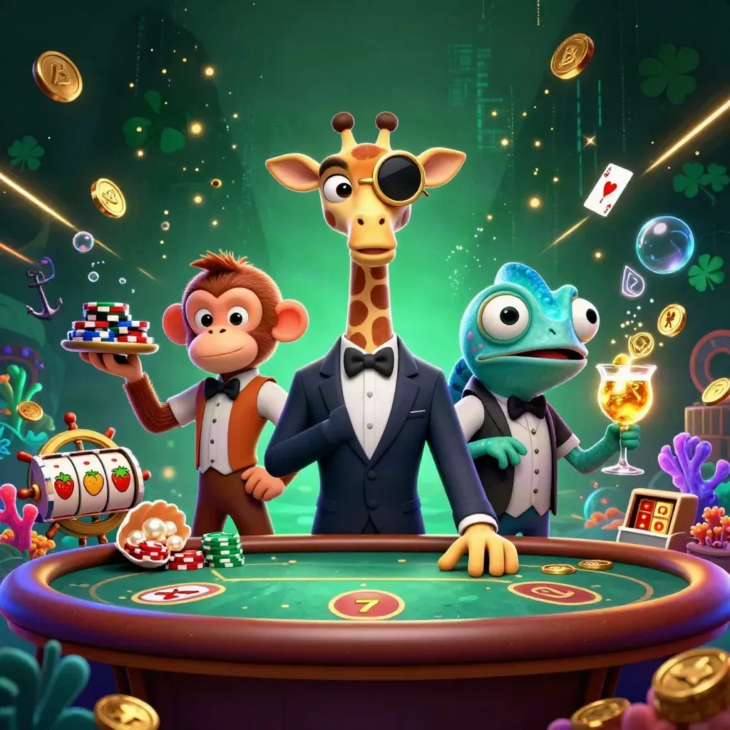 Giraffe, monkey, and chameleon at a glowing casino poker table with treasure and slot symbols.