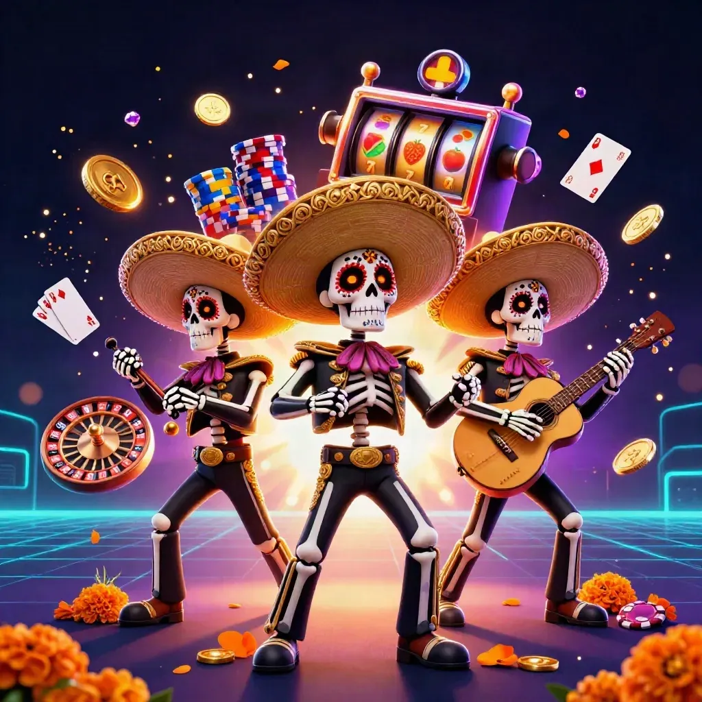 Three festive skeleton mariachi heroes amid coins, gems, reels, chips, and glowing casino lights.
